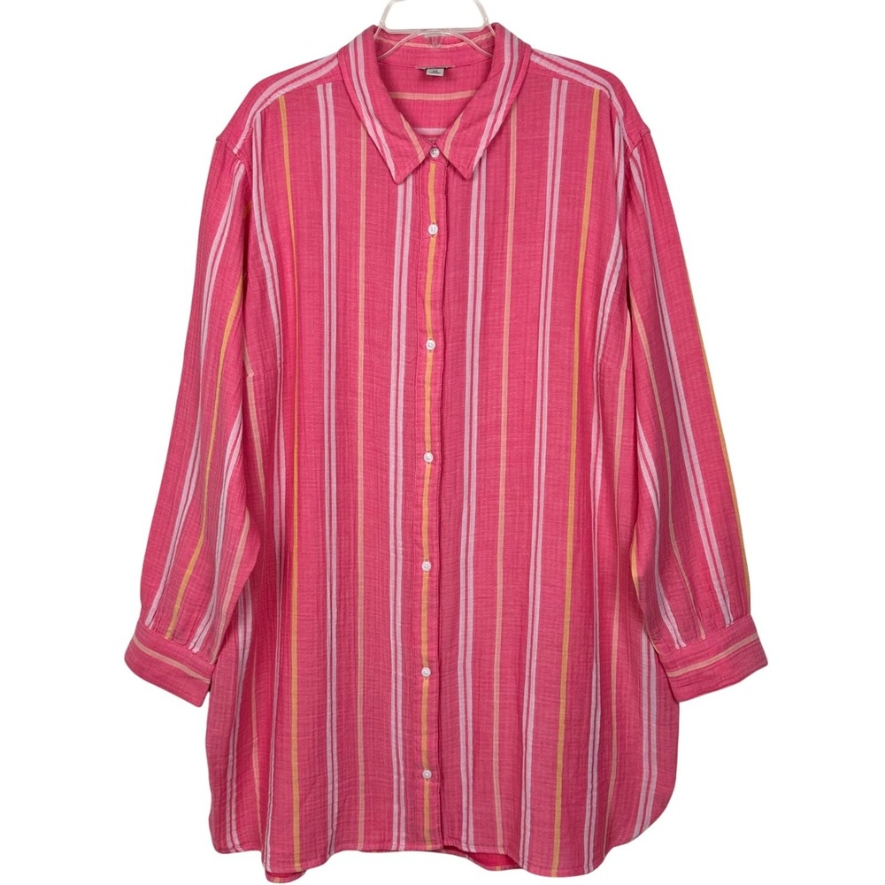 L.L.Bean Cloud Gauze Cover-Up Shirt Women‎ 2X Plus Pink Striped Button Tunic
